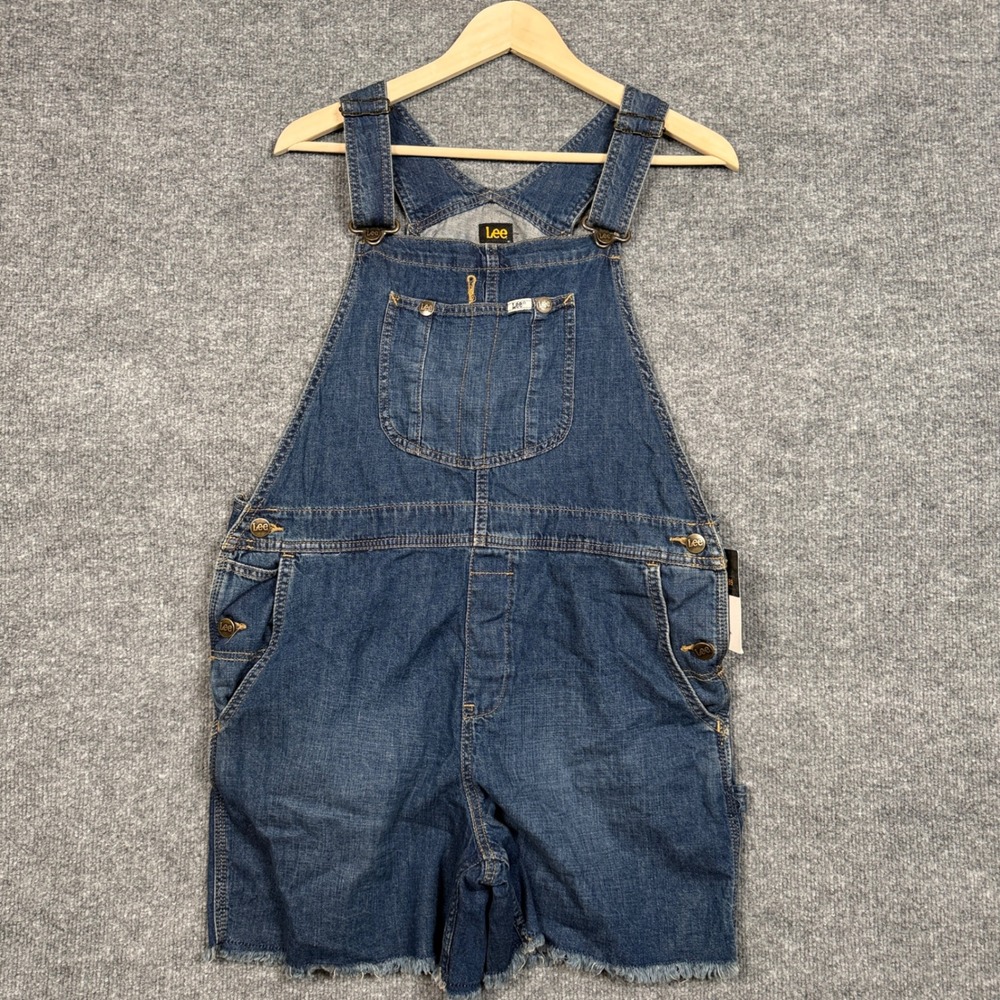New Lee Size Small Shortall Overalls Denim Blue Cotton Cut Off Fringe Hem Pocket